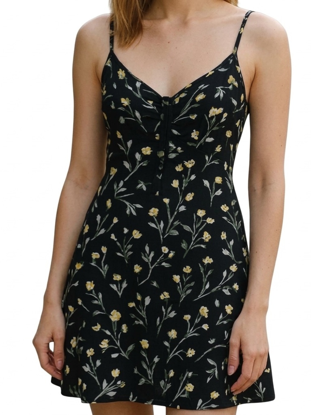 H&M Black Mini Slip Dress with Yellow Floral Print